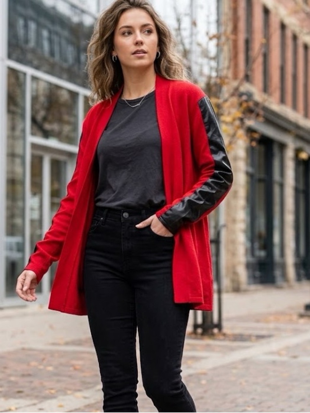Bianca Nygard Red Open Front Knit Cardigan Faux Leather Stripe Sleeves M